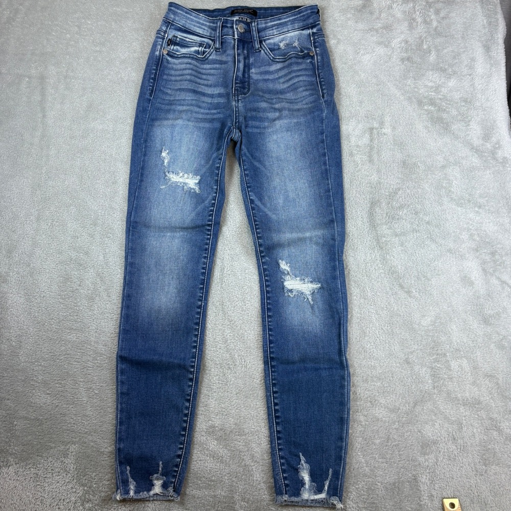 Judy Blue Jeans Women 1/25 (Fits 26x27) Skinny Fit Distress Faded Whiskered Blue